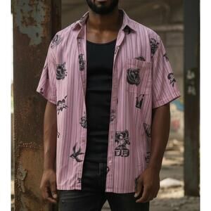 Rare NFR Teddy Fresh Mens Pink Short Sleeve Button Up Shirt with Tattoo Graphics